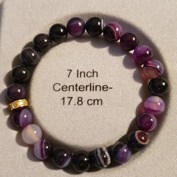 Purple Striped Agate Gemstone Handcrafted Bracelet with Gold CZ Accent - Picture 6 of 6